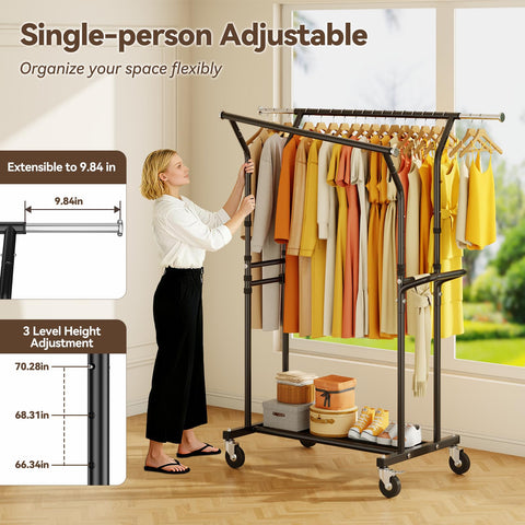 YGleeao extendable-length rack demonstrates space-saving wardrobe flexibility.