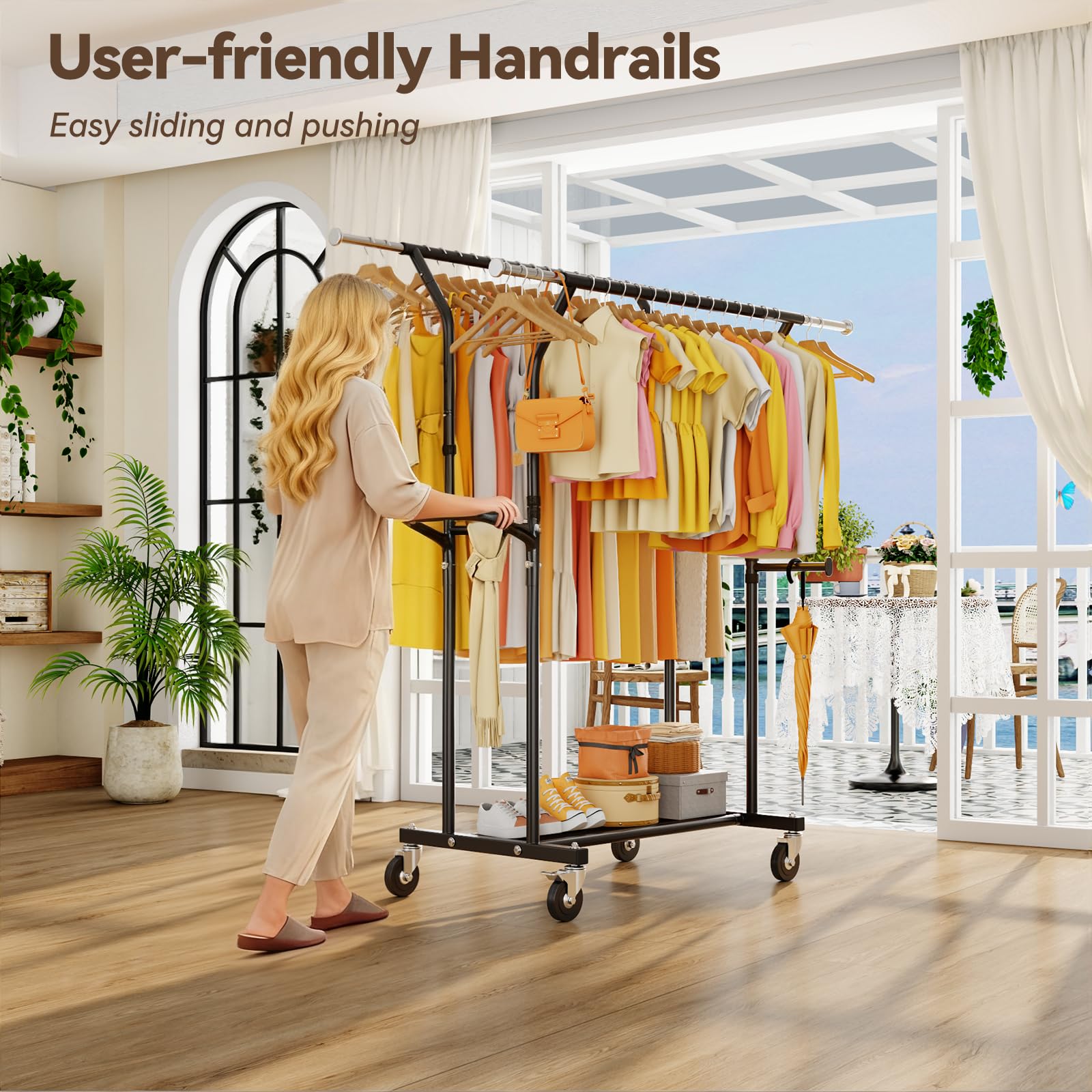 YGleeao push-handle mobility rack makes moving easier.