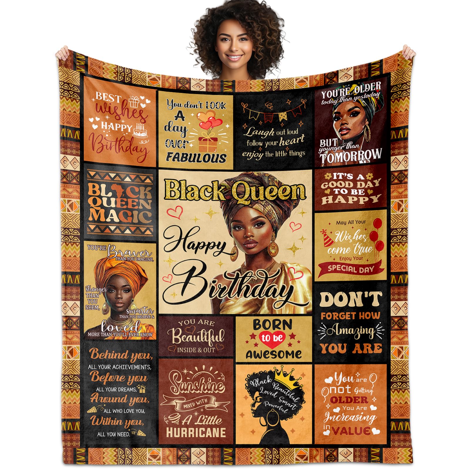 YHIKOUY African American birthday blanket front view with vibrant colors and warmth