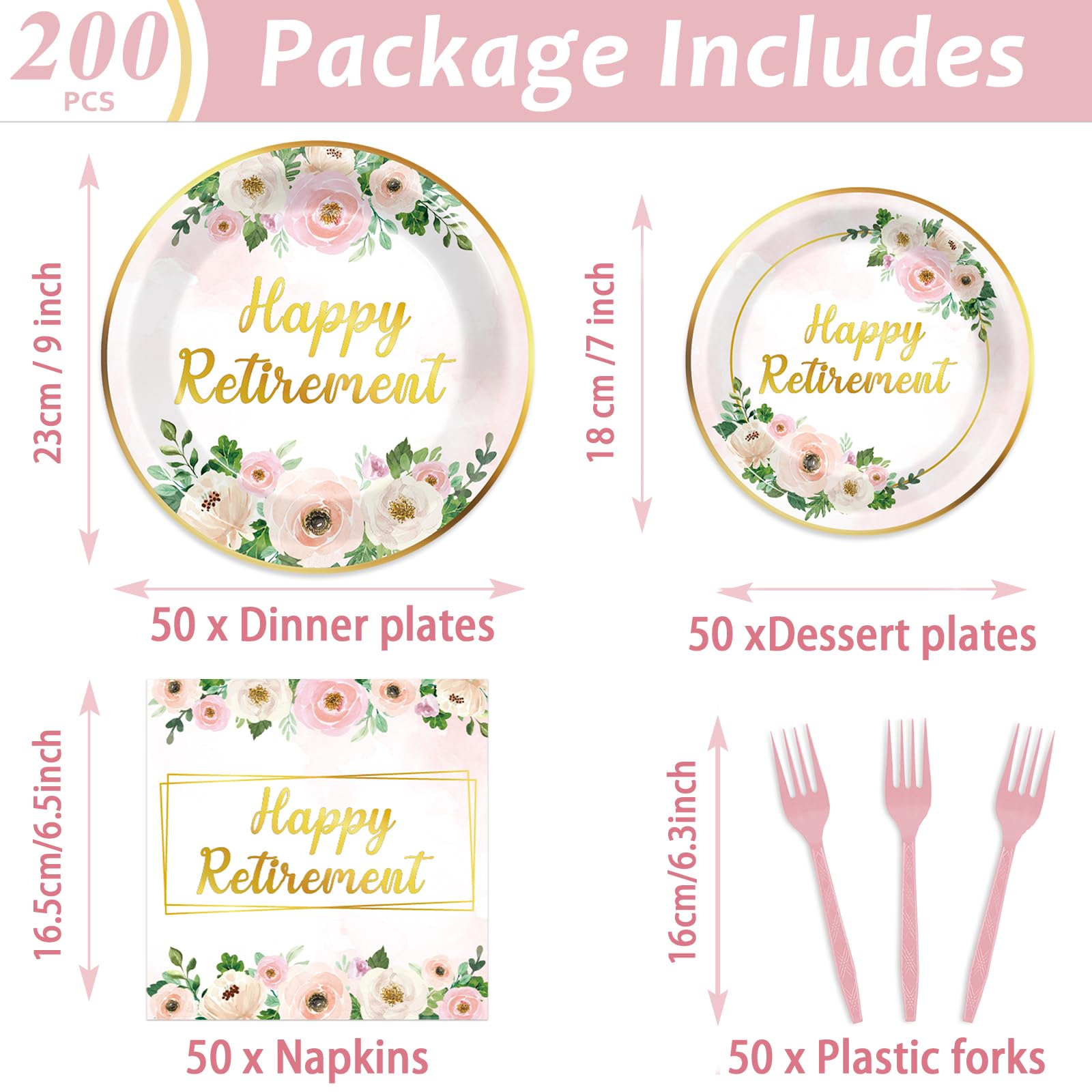 Yiaoyinnz pink floral retirement plates 7 inch with gold rim, bright party table decor.