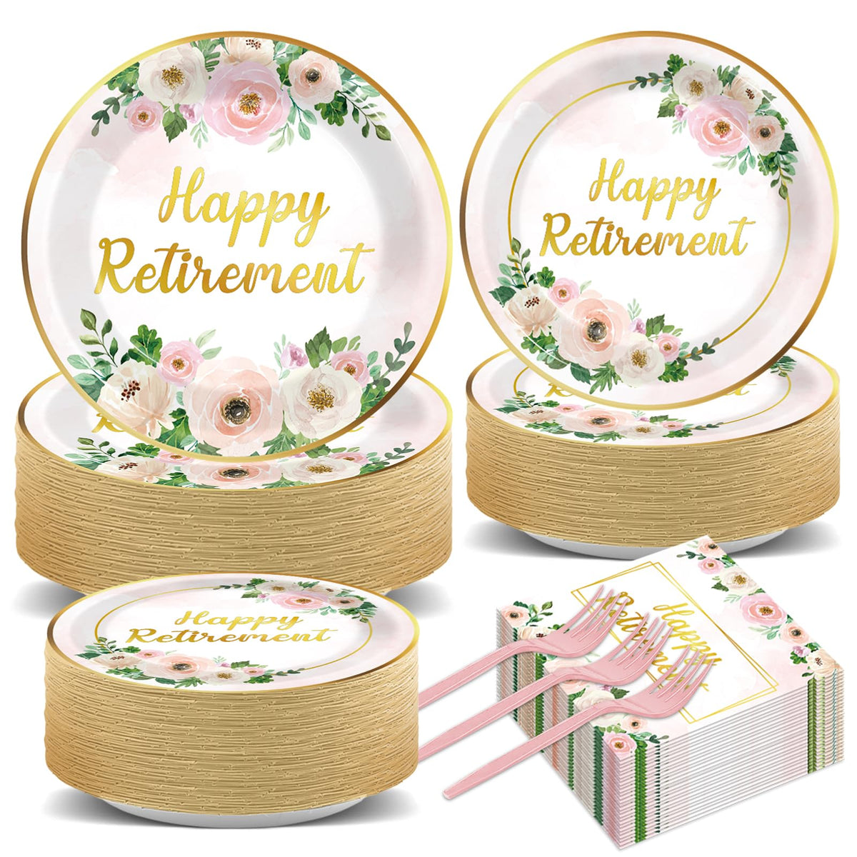 Yiaoyinnz pink floral retirement plates 9 inch with gold rim for elegant farewell tableware.