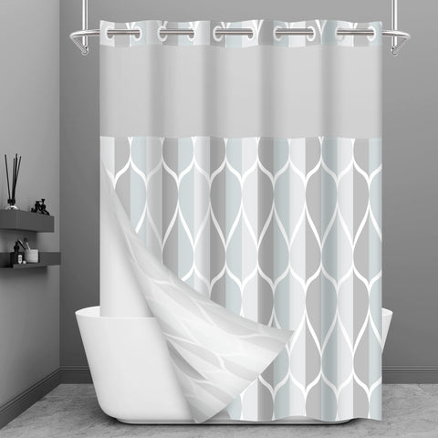 Yiatn no-hook shower curtain with snap-in liner for quick setup and splash protection.