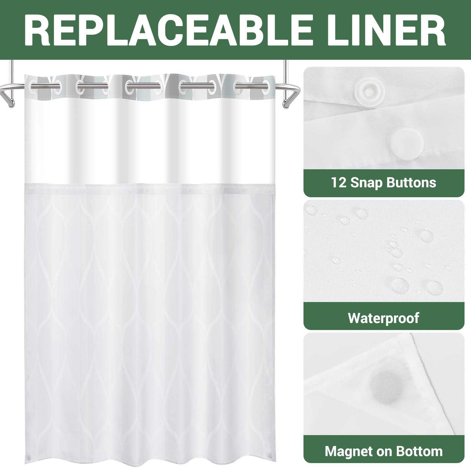 Yiatn snap-in liner included eliminates separate hooks and rings.