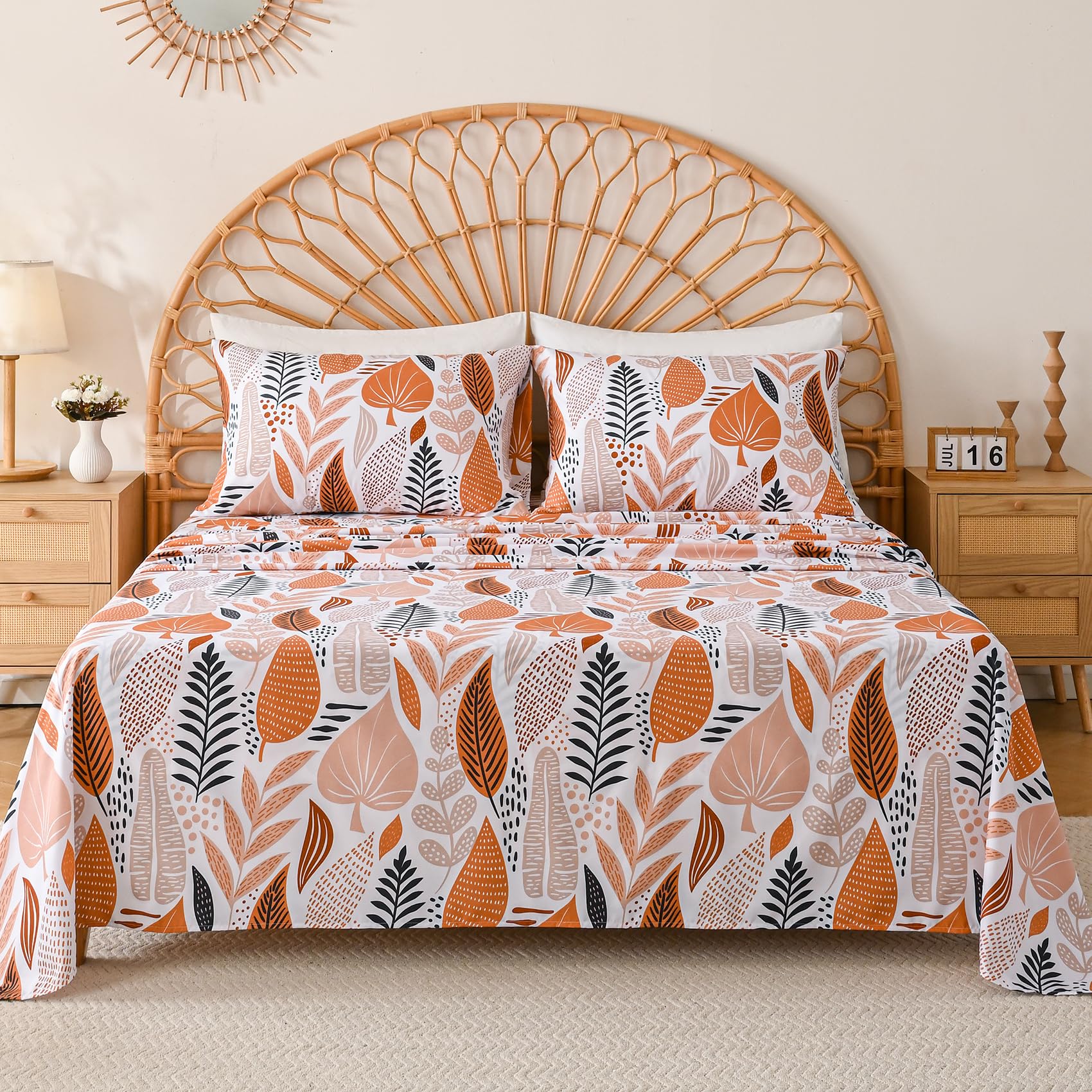 Yibeizi boho leaves printed sheet set with cooling microfiber for comfortable sleep