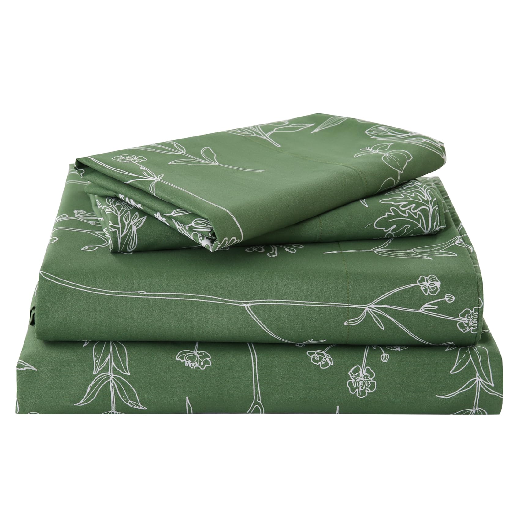 Yibeizi green floral sheet set in queen size with botanical pattern for a relaxing bedroom.