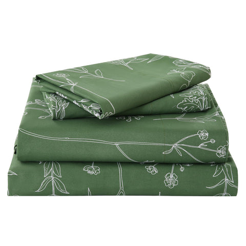 Yibeizi green floral sheet set in queen size with botanical pattern for a relaxing bedroom.
