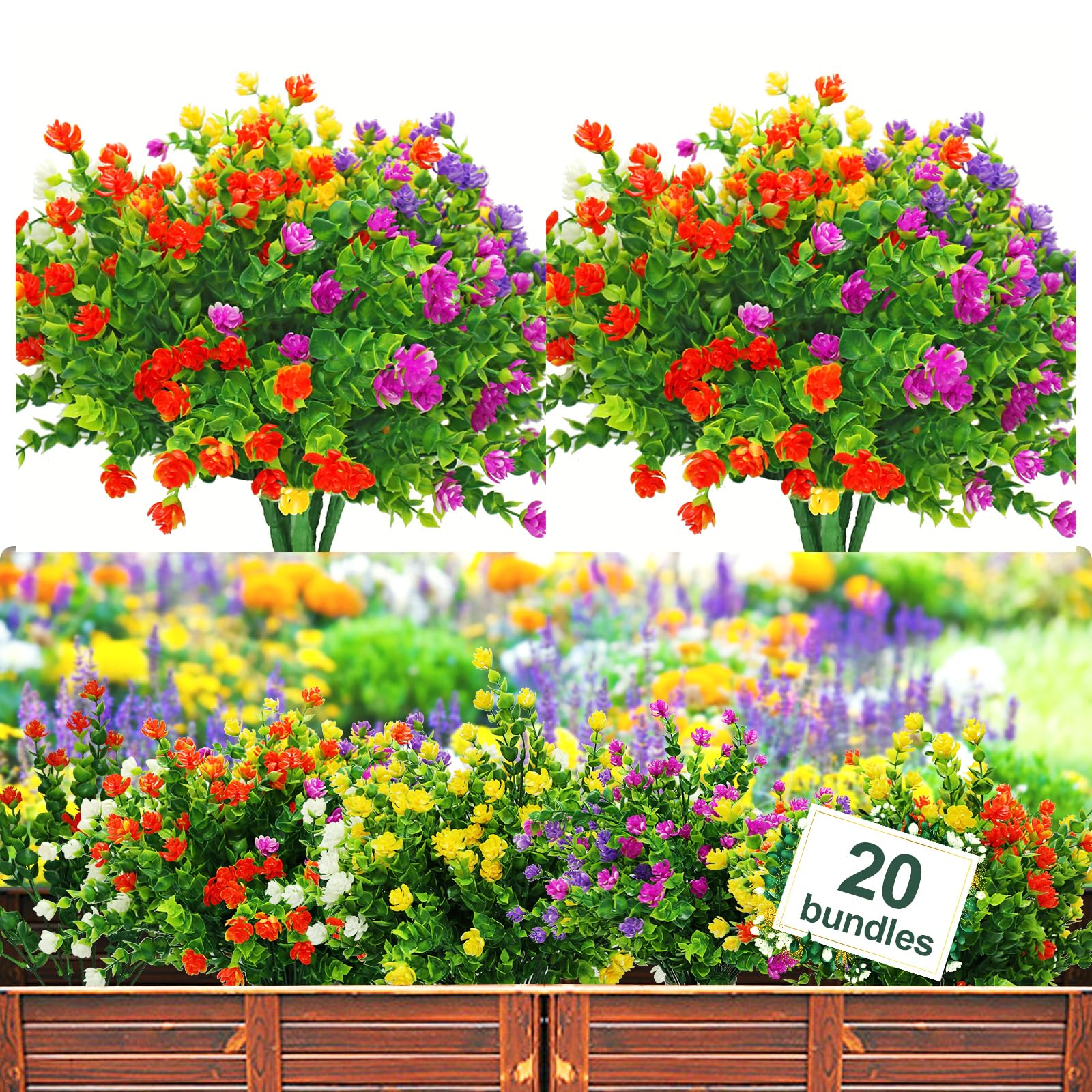 YIBUKIY 20 bundles outdoor artificial flowers for year-round curb appeal.