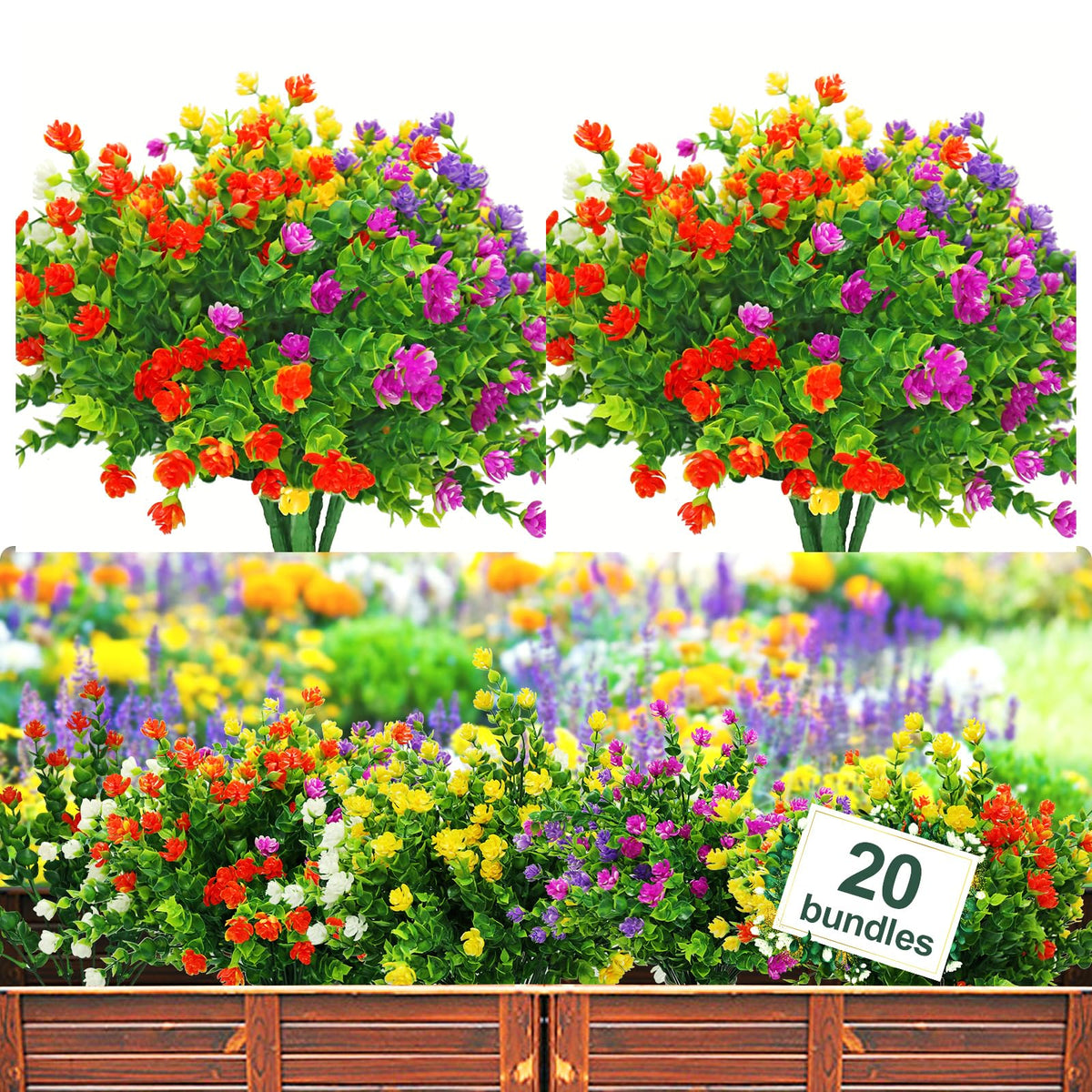 YIBUKIY 20 bundles outdoor artificial flowers for year-round curb appeal.