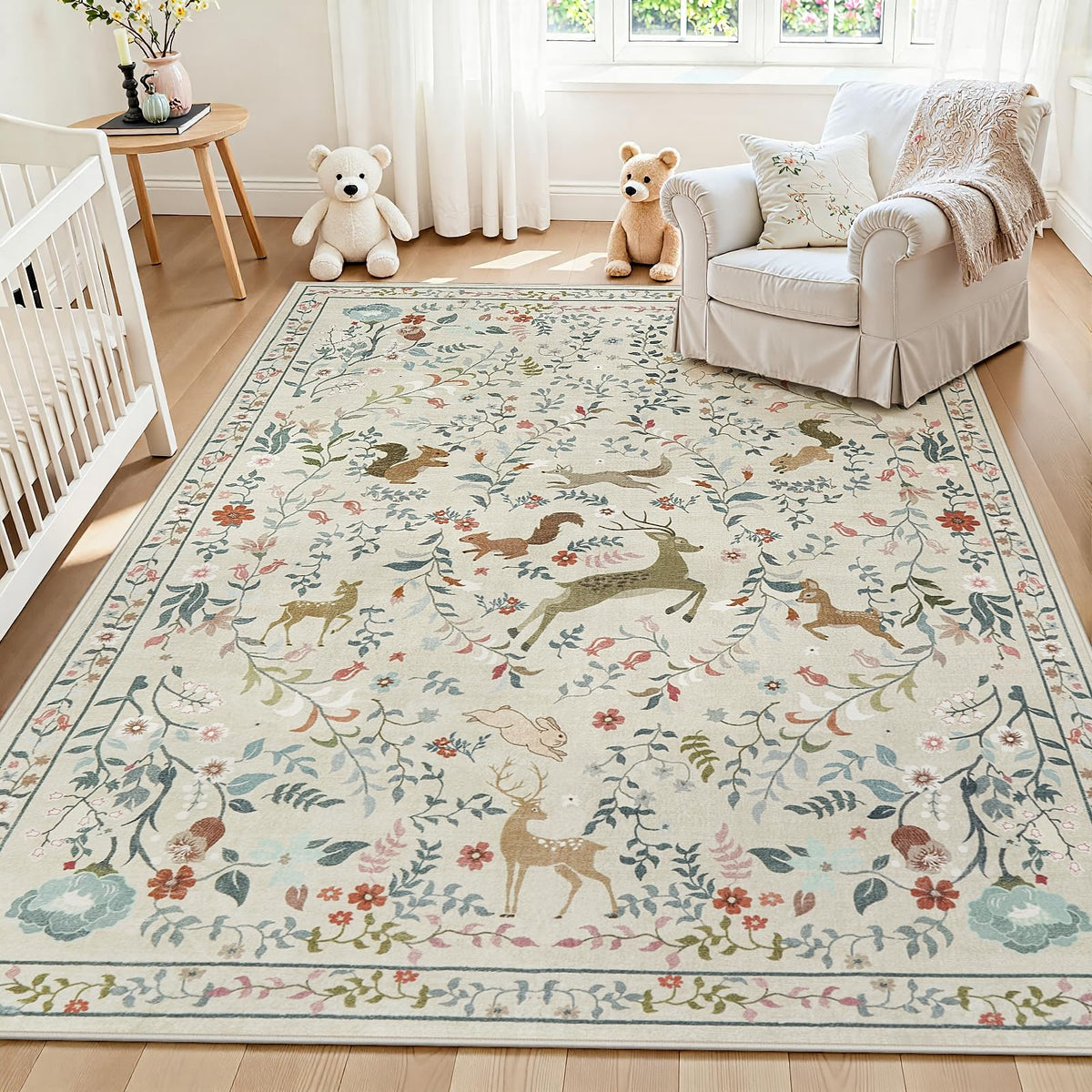 Yidanamy 5x7 boho floral rug in living room highlighting soft texture and decor versatility