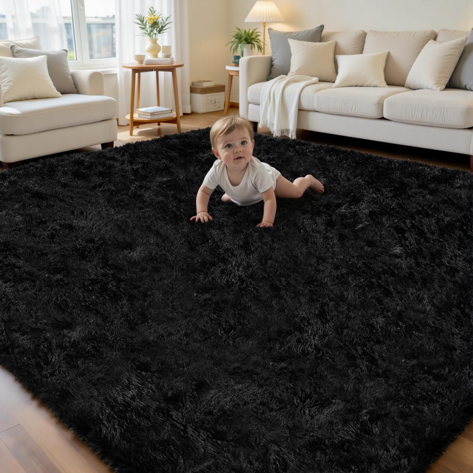 Yidanamy 6x9 ultra-soft black shag rug for living rooms, plush underfoot.