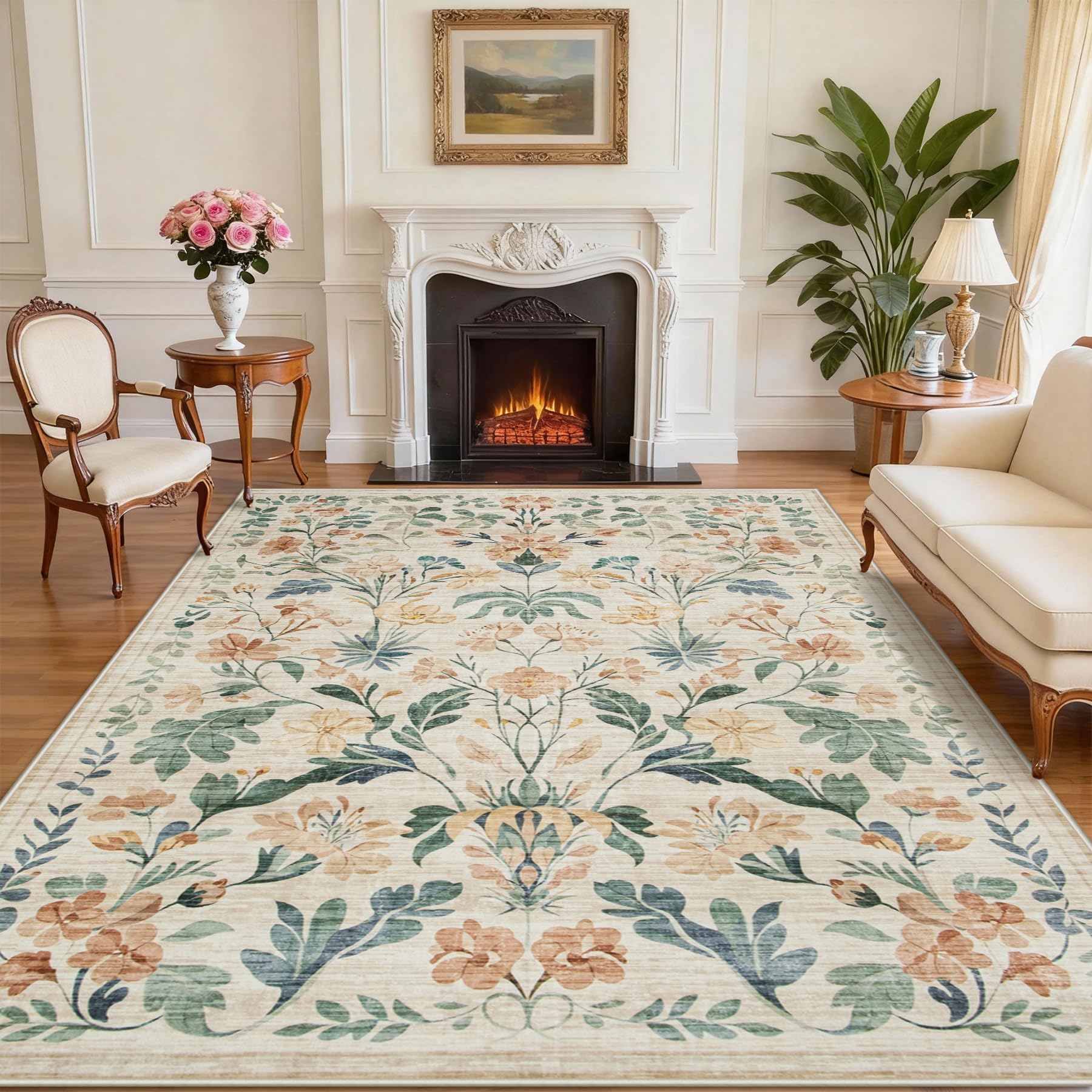 Yidanamy 8x10 washable rug full room view with neutral beige tones and soft underfoot comfort.