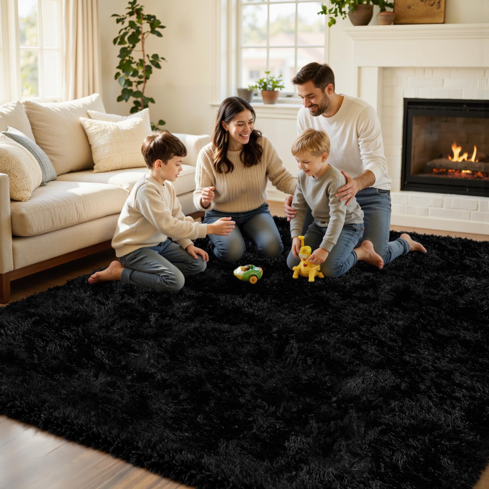 Yidanamy modern minimalist black rug complements contemporary decor.