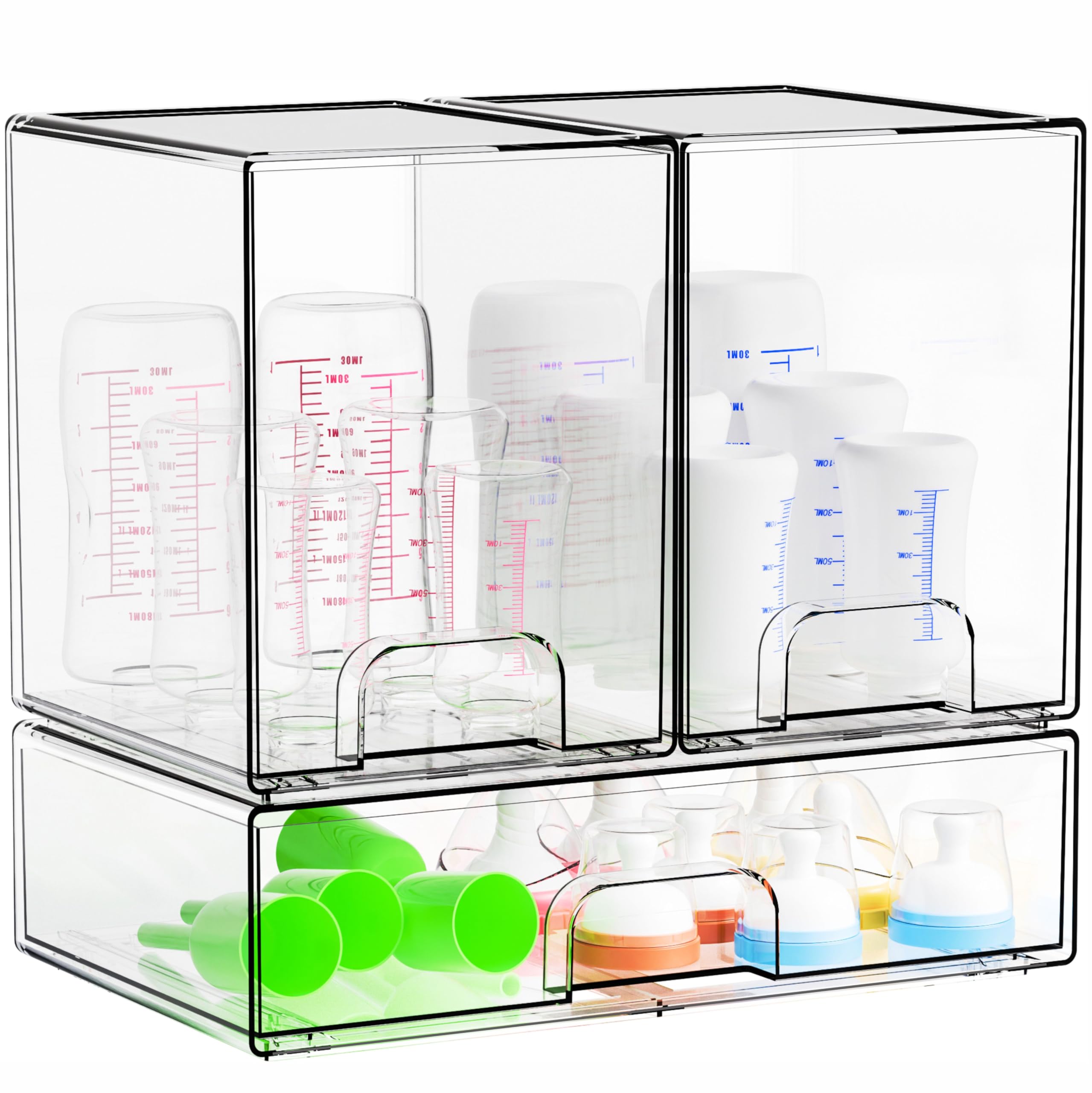 Yieach clear baby bottle organizer shown on countertop with three drawers for neat storage.