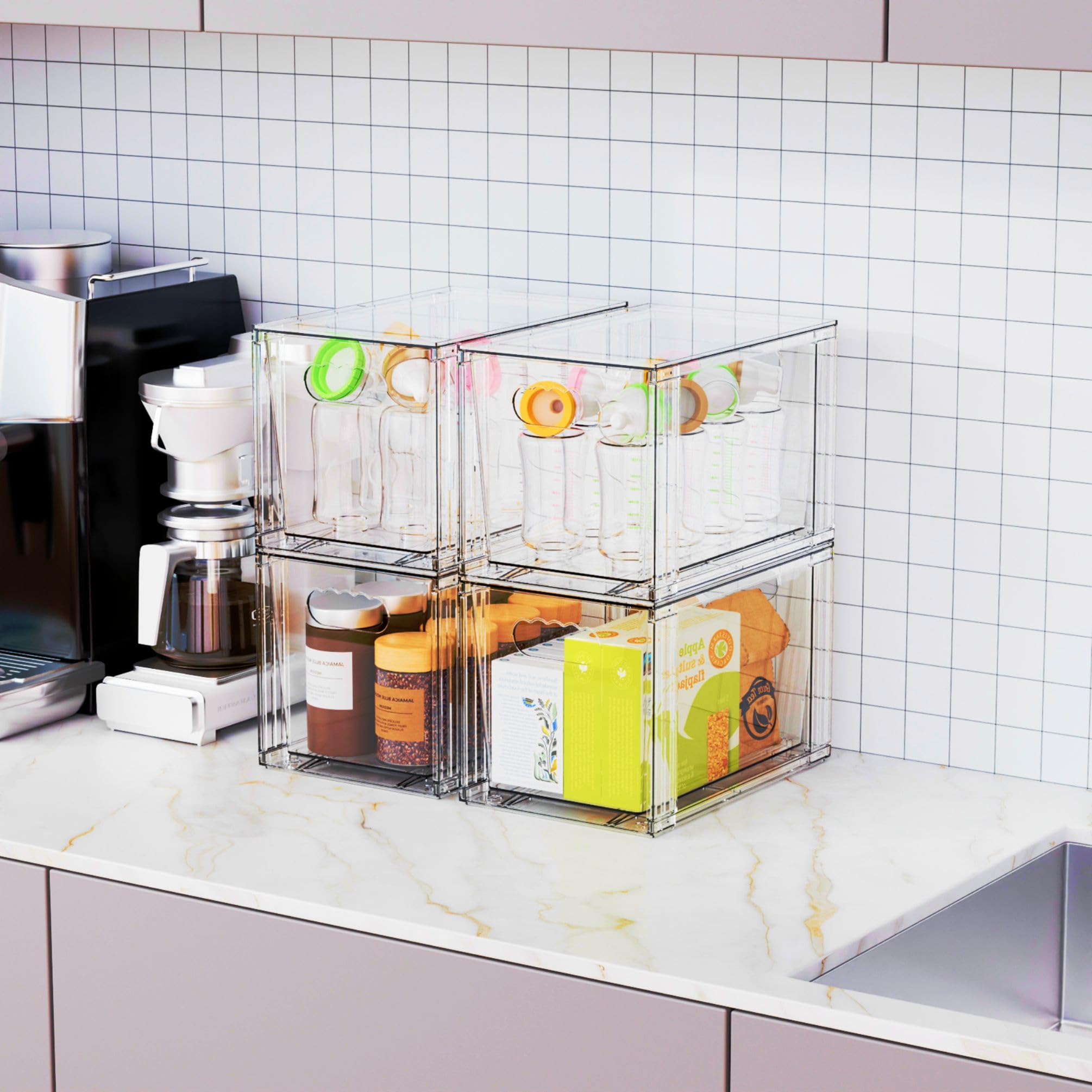 Yieach groove-top design ensures stable stacking on shelves.
