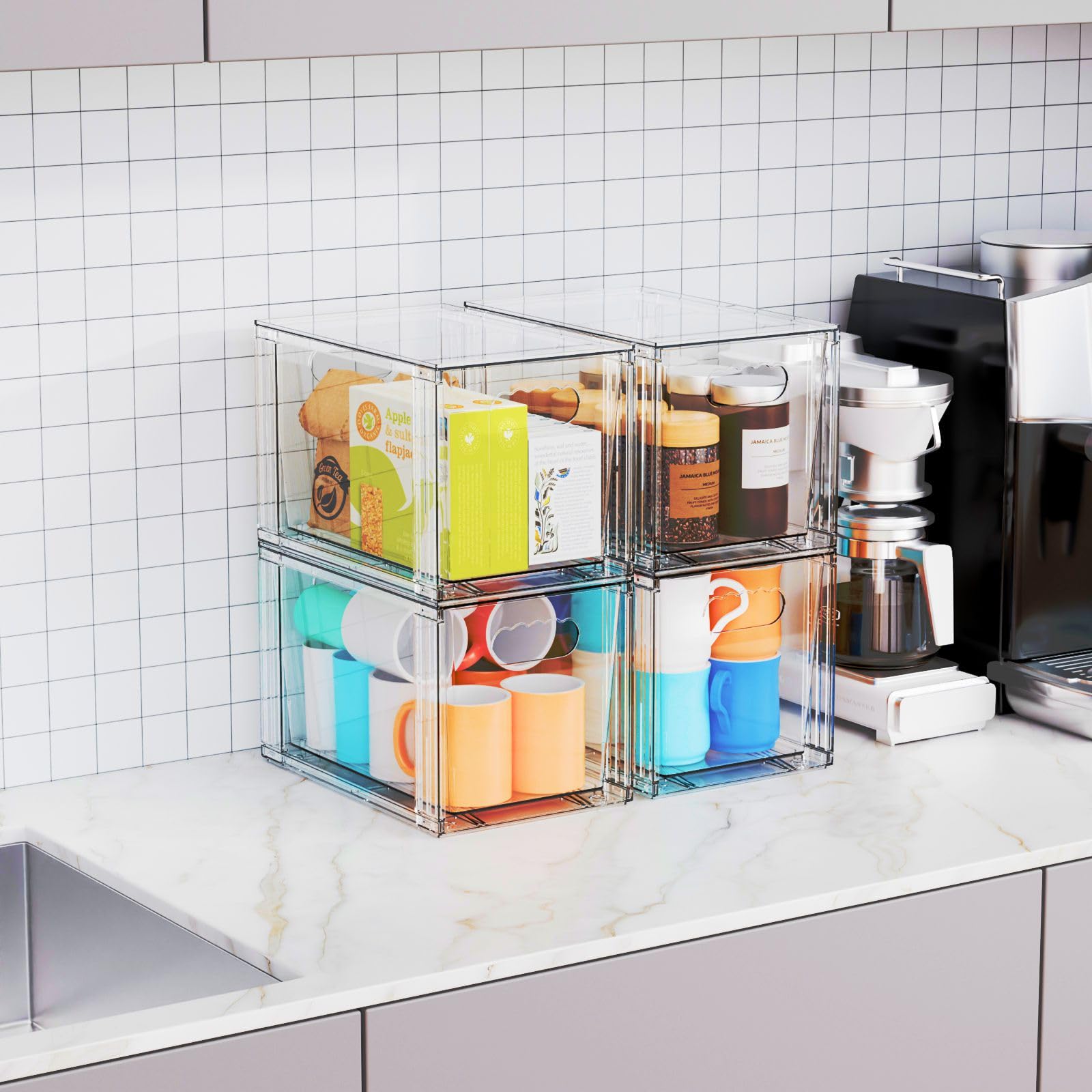 Yieach pantry and bathroom organization using clear storage drawers.