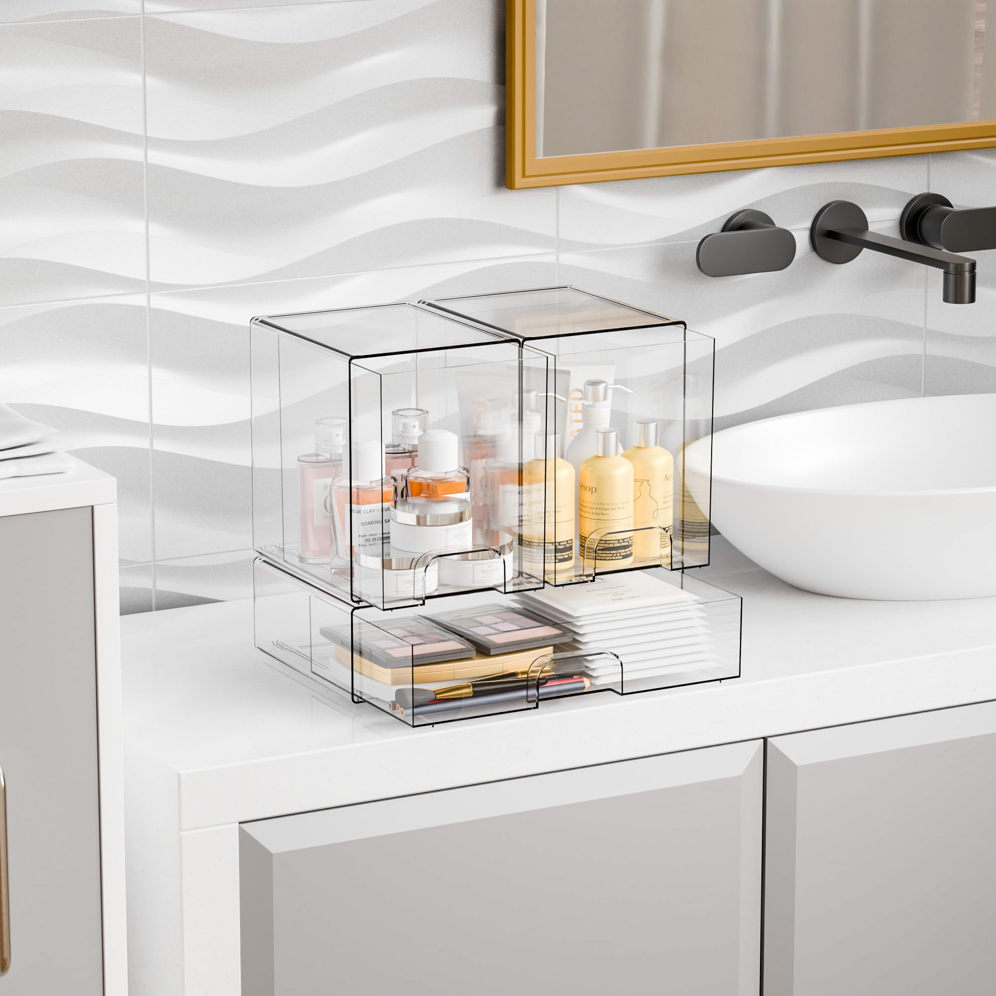 Yieach multi-use organizer fits bathroom, cabinet, and dresser surfaces.