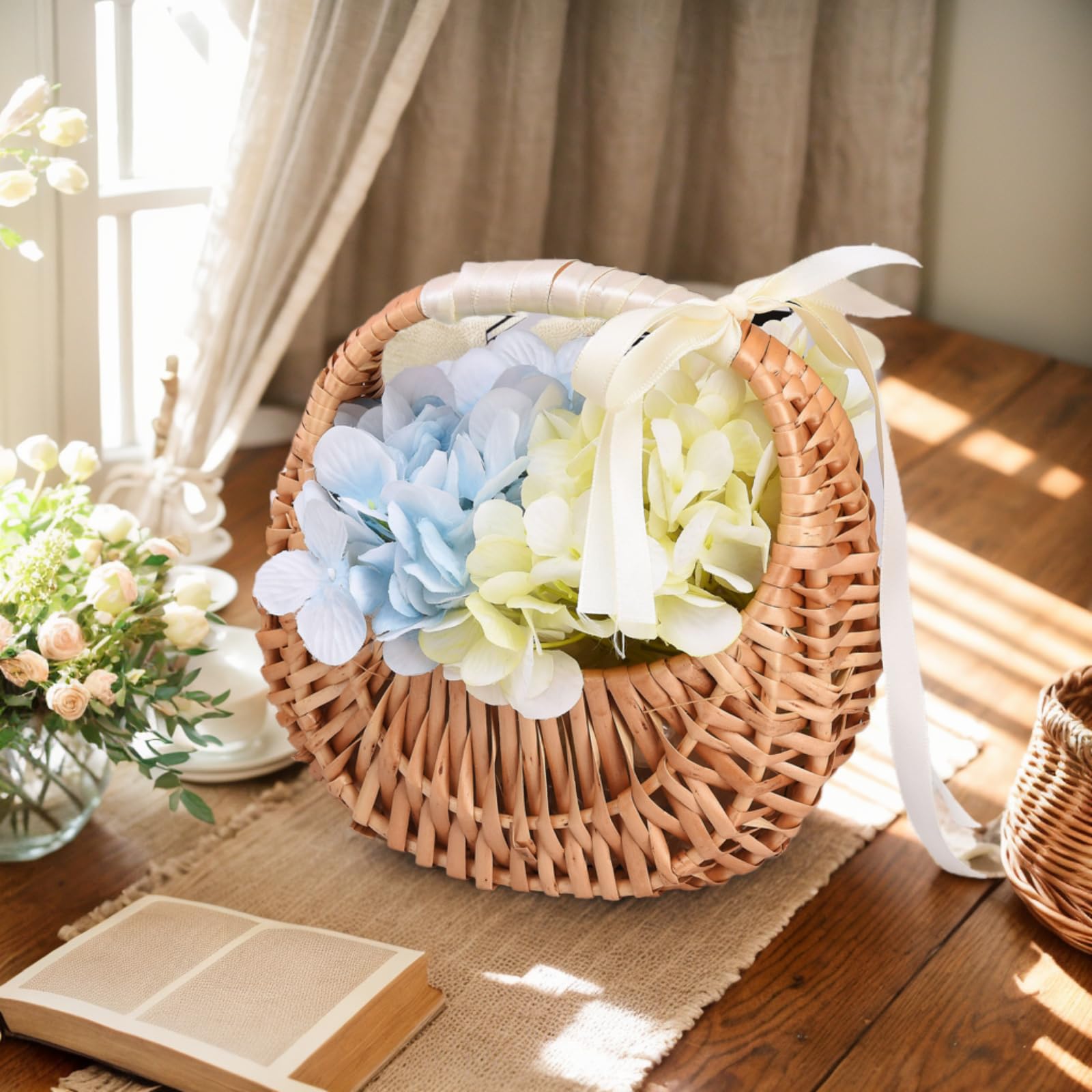Yiheini flower girl basket with white ribbon bow for elegant aisle petals