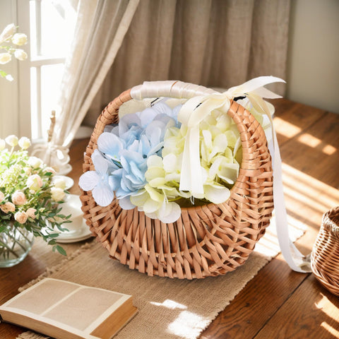 Yiheini flower girl basket with white ribbon bow for elegant aisle petals