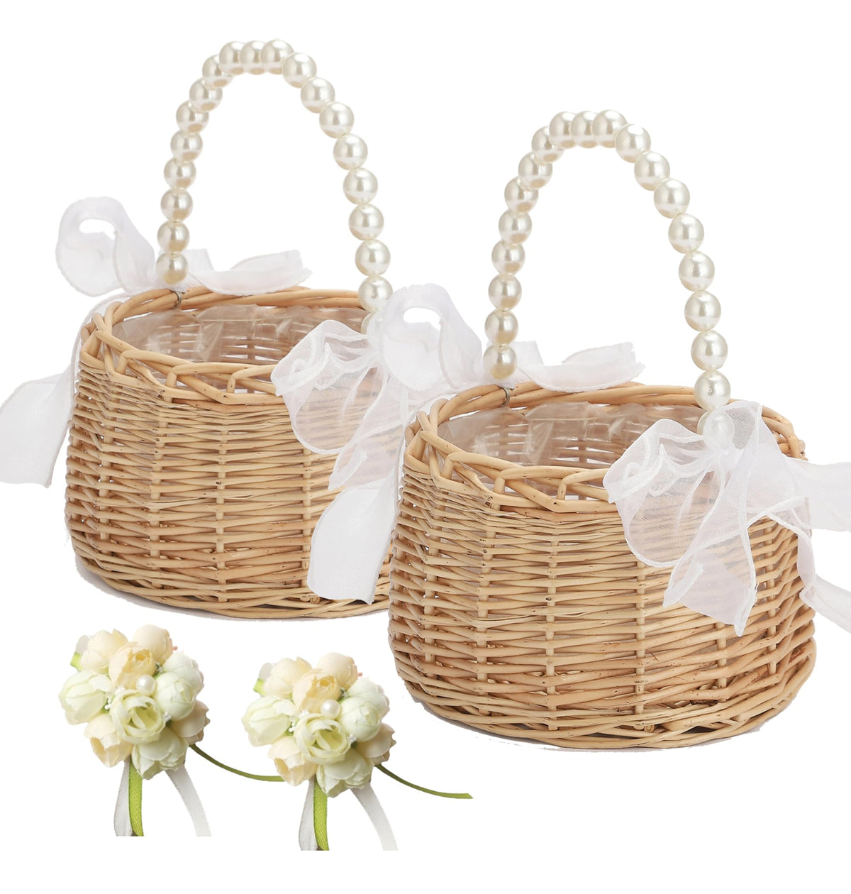 Yiheini wicker flower girl basket with handle for easy aisle petal scattering