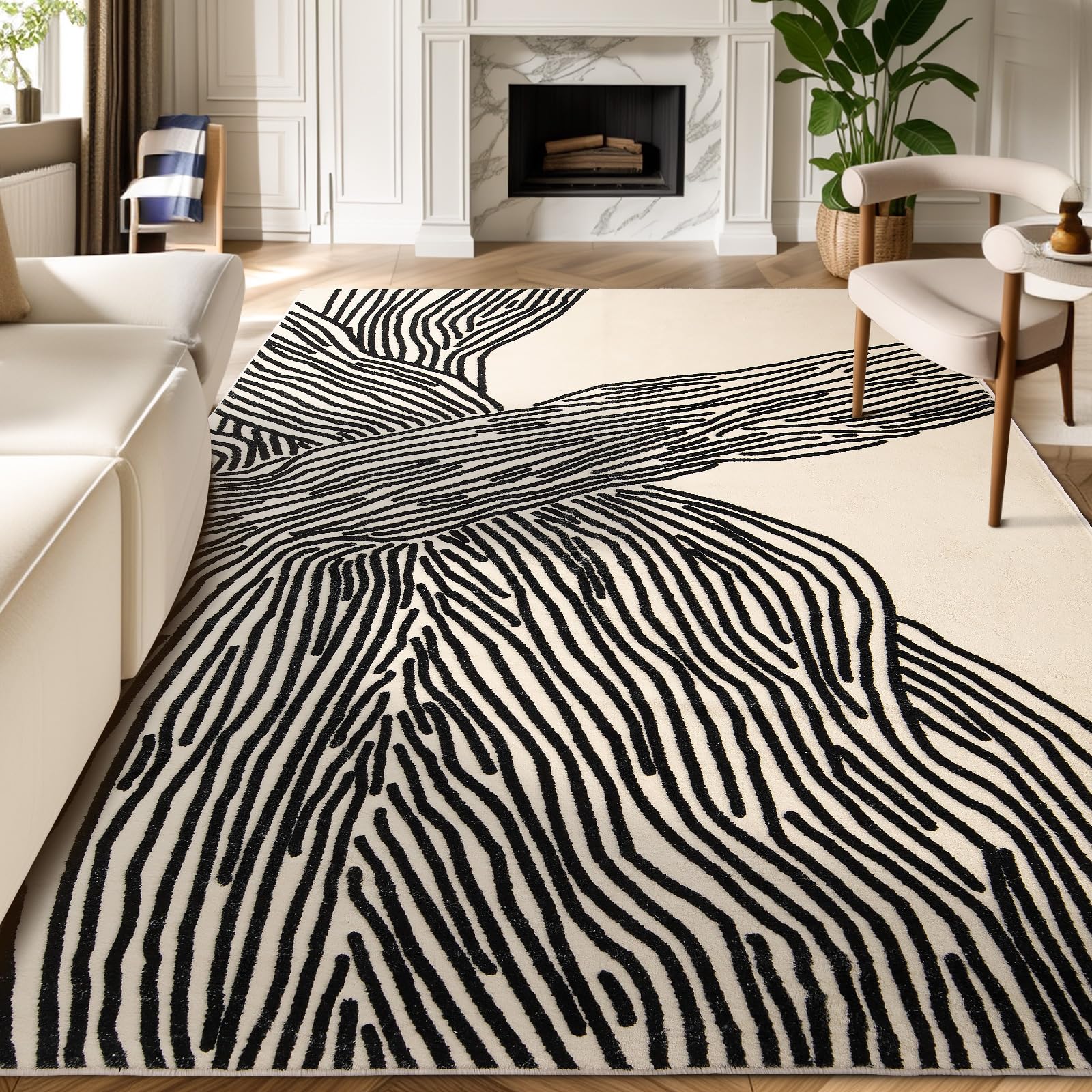YIHOUSE 8x10 ft rug with abstract black and white design, ideal for living rooms.