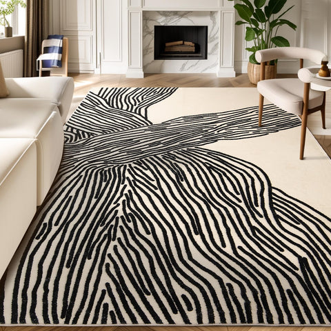 YIHOUSE 8x10 ft rug with abstract black and white design, ideal for living rooms.
