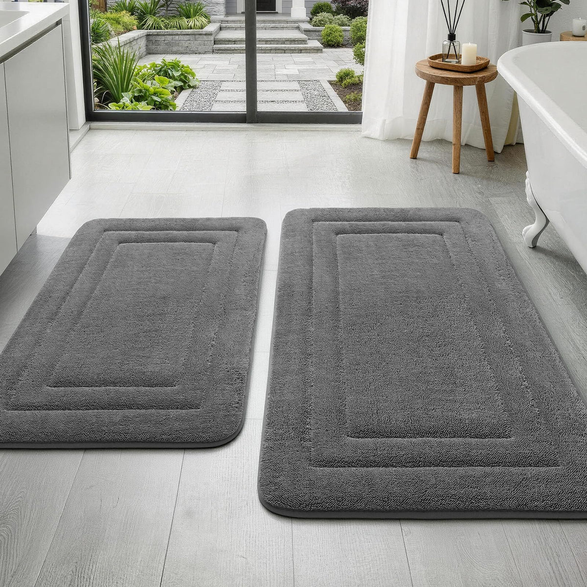 YIHOUSE bathroom rug set with embossed border for a tidy look and double-sink fit