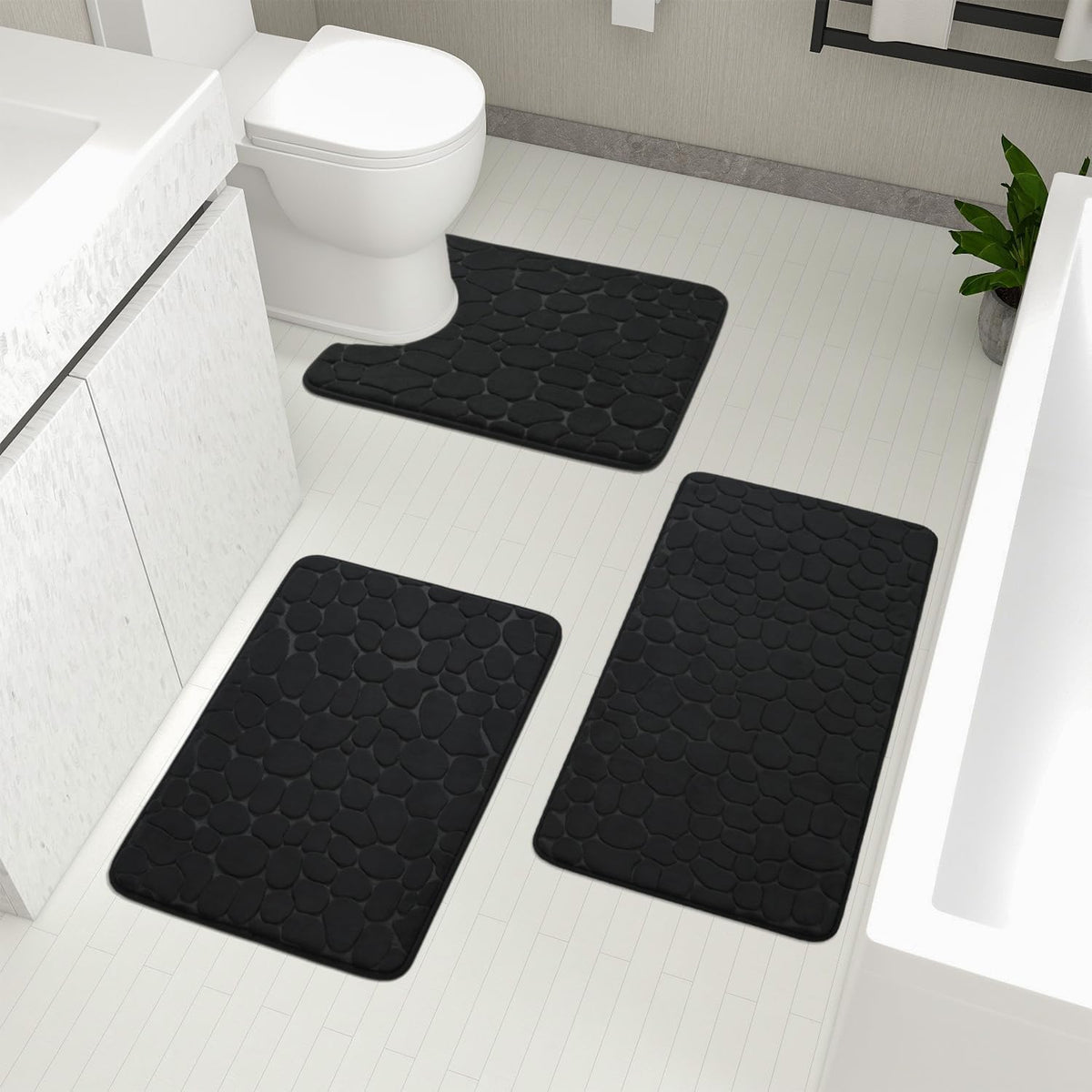 YIHOUSE 3-piece black large rug with soft velvet top for cozy feet on cold floors