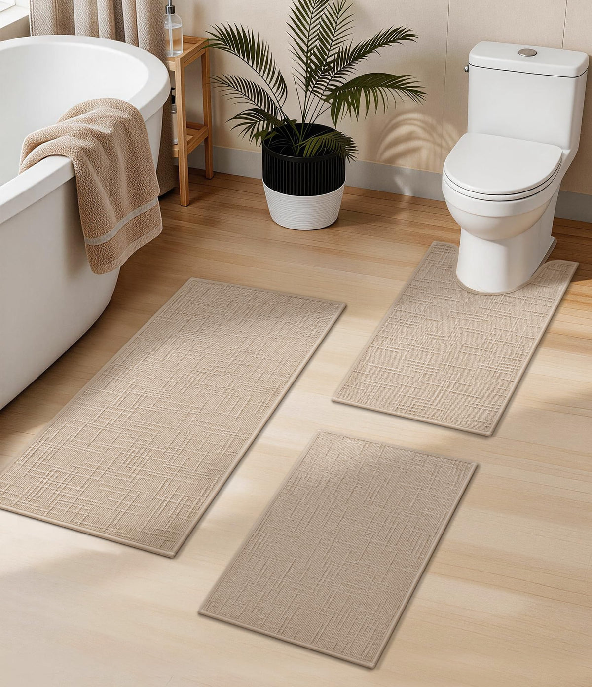 YIHOUSE 3-piece beige bath rugs showing soft fabric for daily comfort