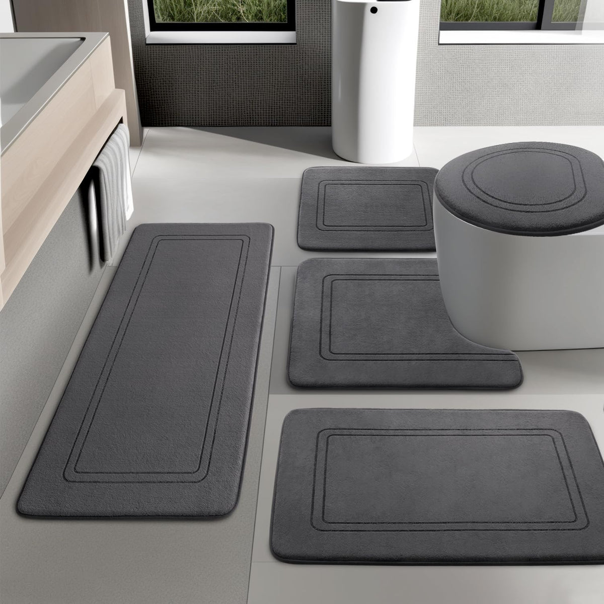 YIHOUSE dark grey bath rug set with large memory foam mat for comfort.