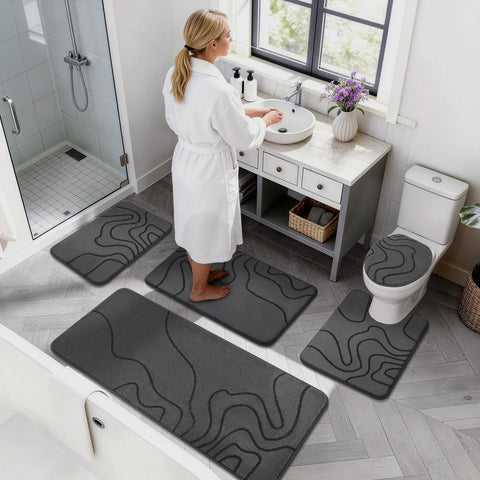 YIHOUSE memory foam bath rug with fluid-line pattern adds subtle style.