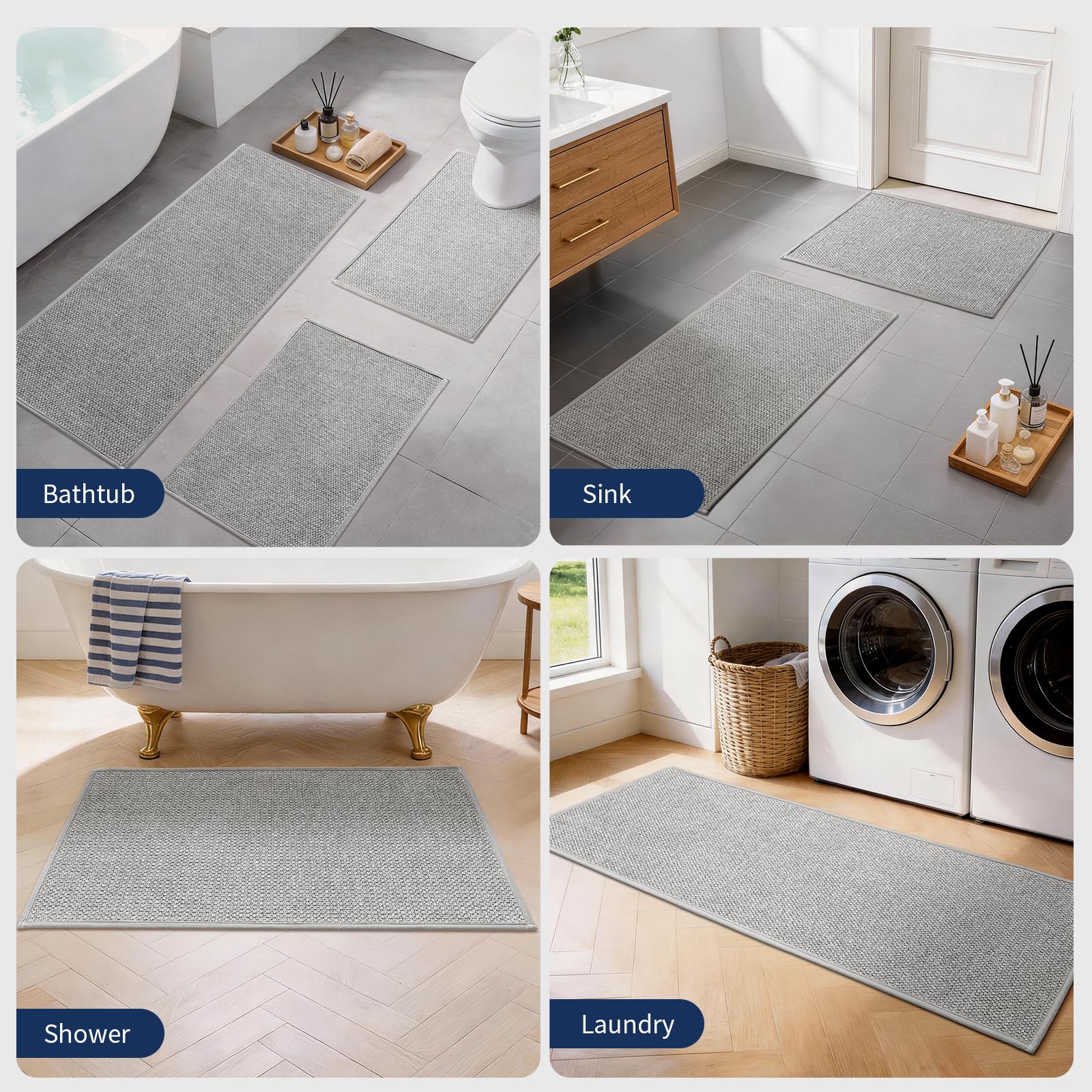 YIHOUSE gray bathroom rug set shown in a versatile home setup.
