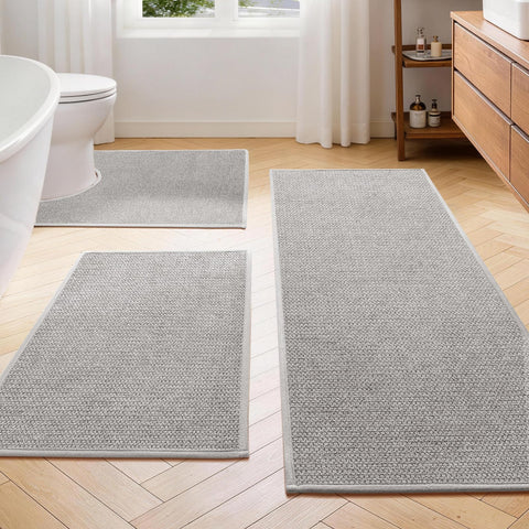 YIHOUSE gray bathroom rug set shown under a door for easy clearance.