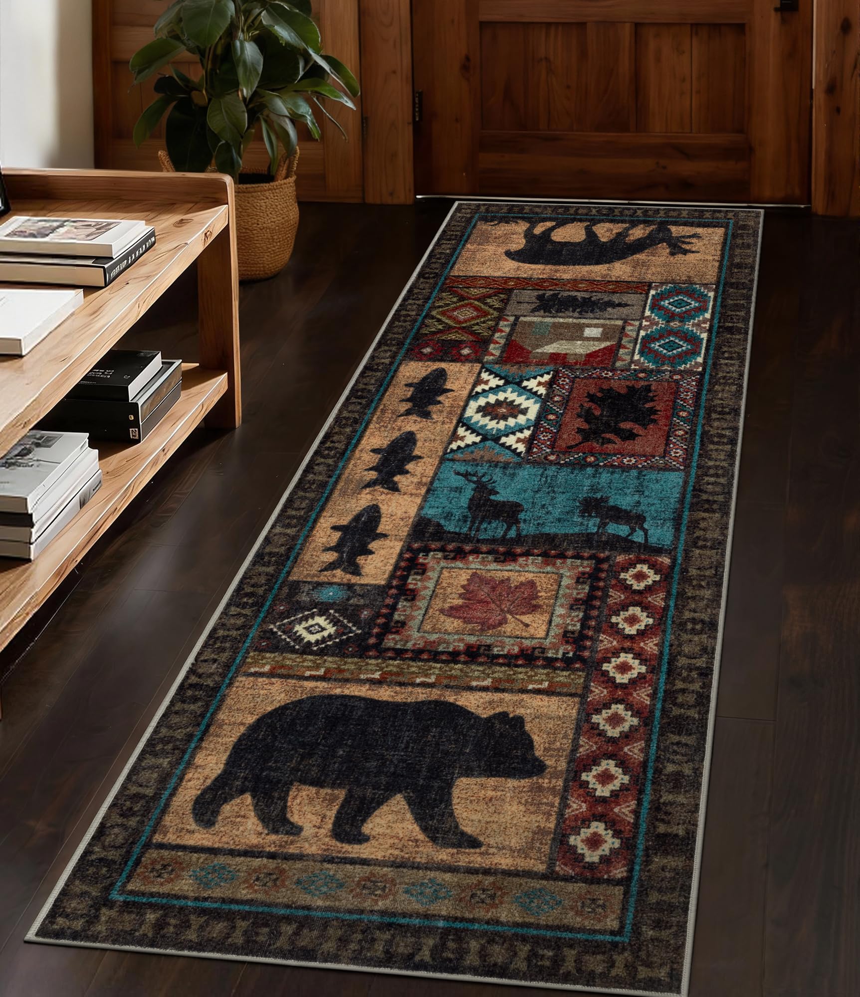 YIHOUSE hallway runner rug with bear motif provides rustic charm and safe entryway footing.