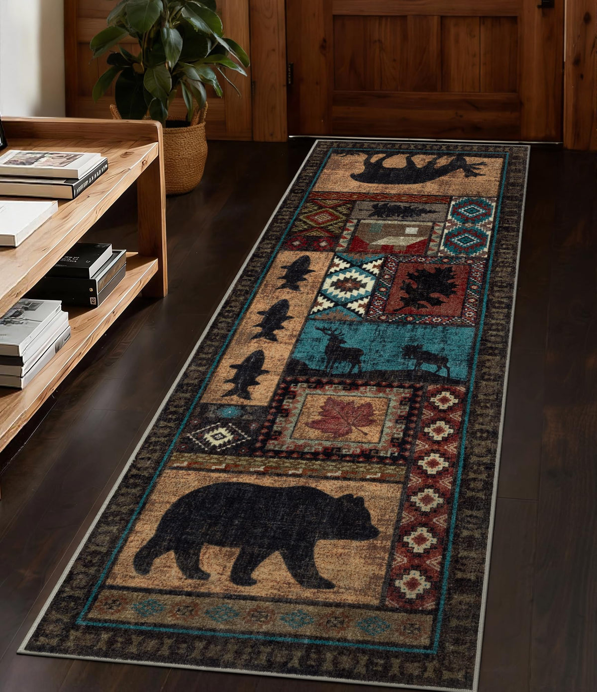 YIHOUSE hallway runner rug with bear motif provides rustic charm and safe entryway footing.