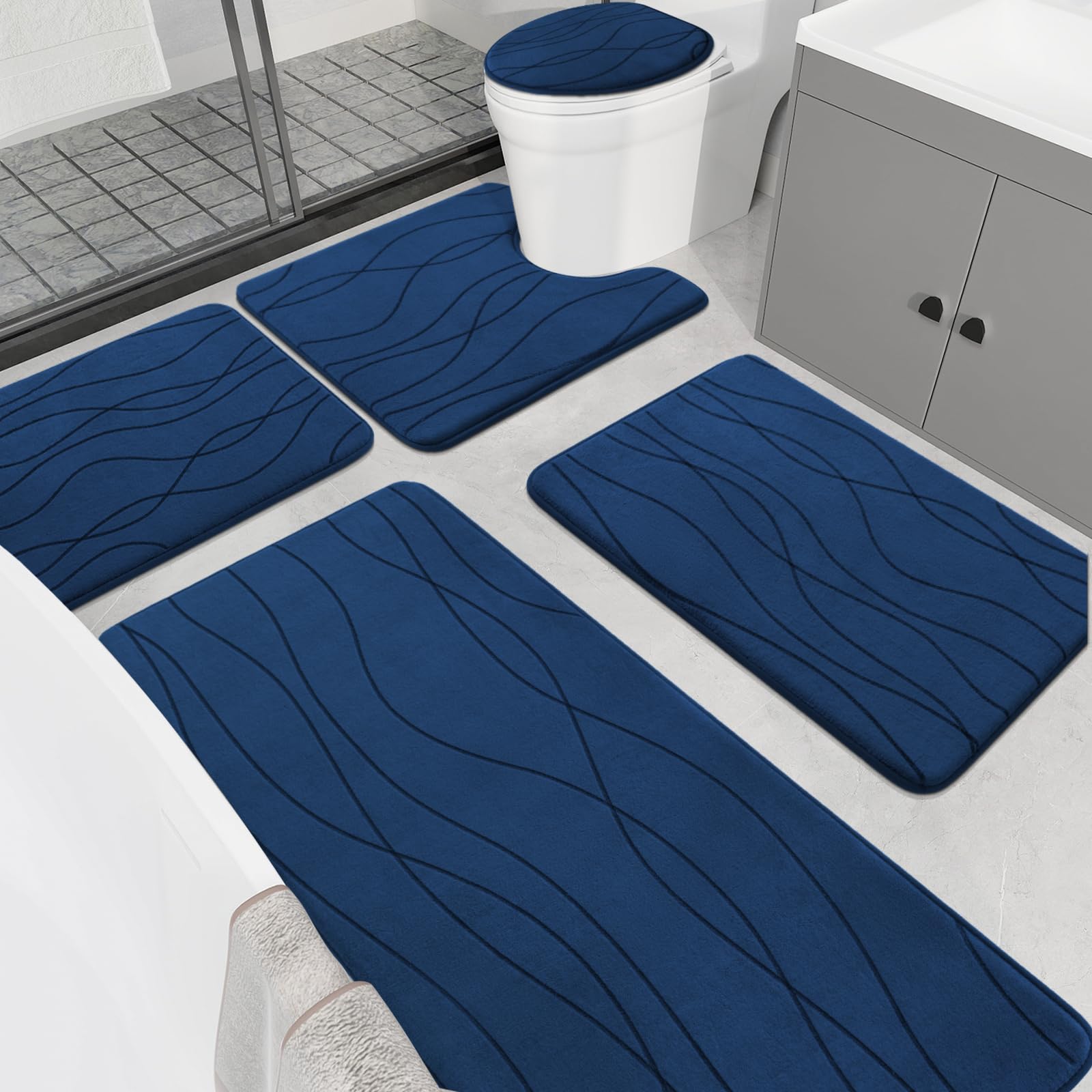 YIHOUSE memory foam bath rug set main rugs offer plush comfort and cohesive navy decor.