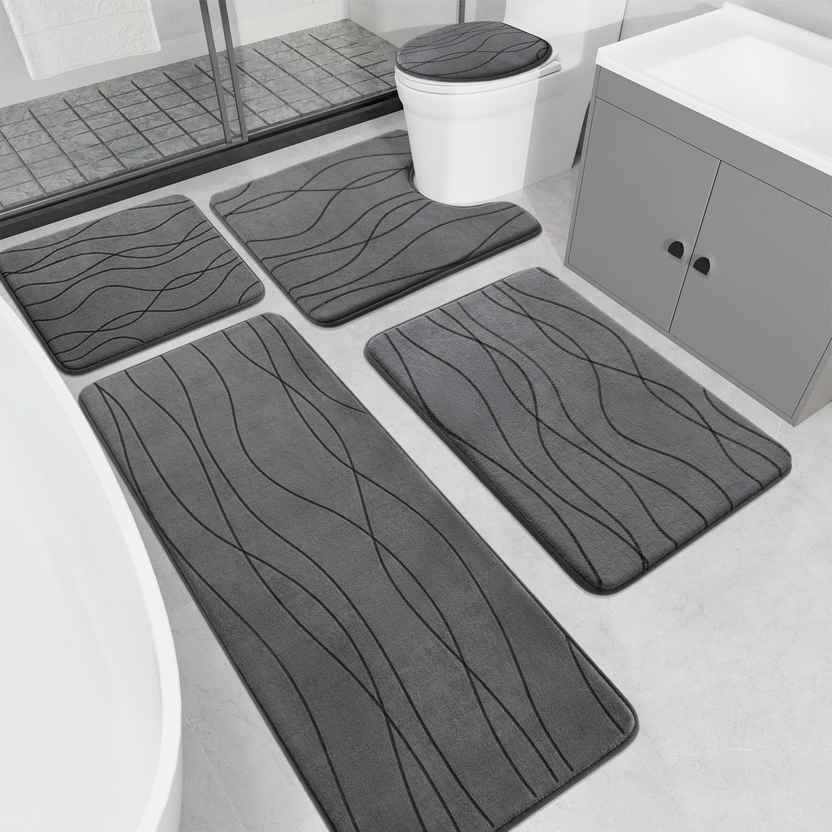 YIHOUSE memory foam grey bath rug set in full view, showcasing complete 5-piece coverage for bathrooms.