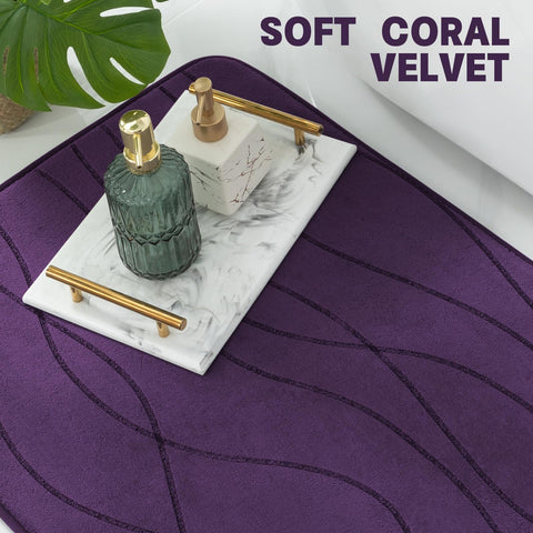 YIHOUSE memory foam purple rug with non-slip backing on tile floor