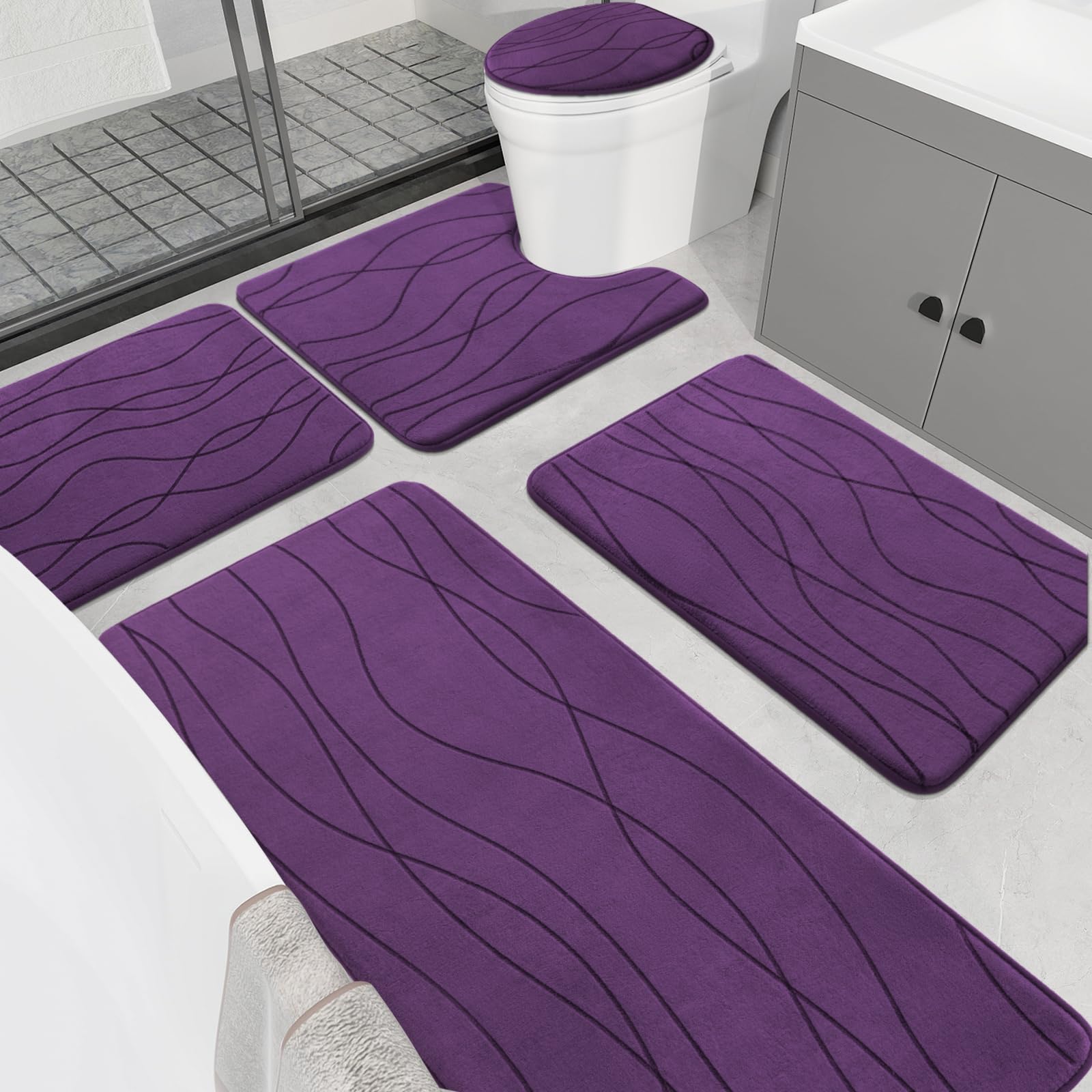 YIHOUSE memory foam purple bathroom rug set front view showing plush surface and color