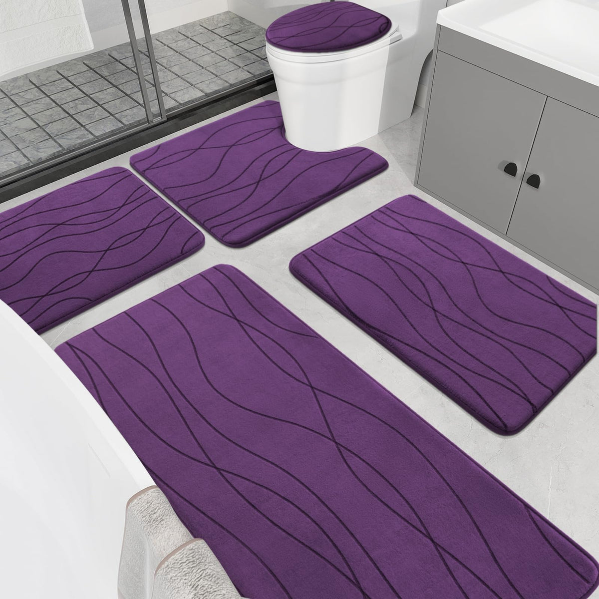 YIHOUSE memory foam purple bathroom rug set front view showing plush surface and color