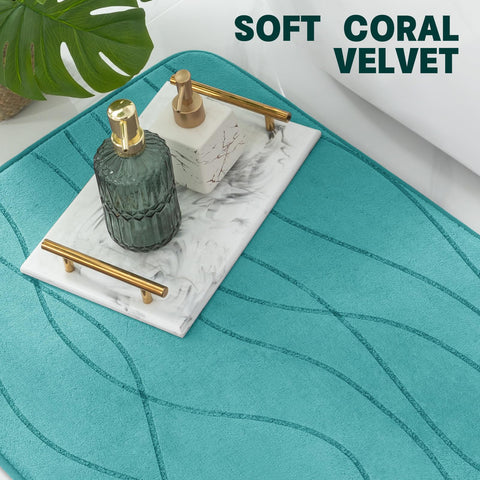 Non-slip backing keeps YIHOUSE teal rug in place on tile floors