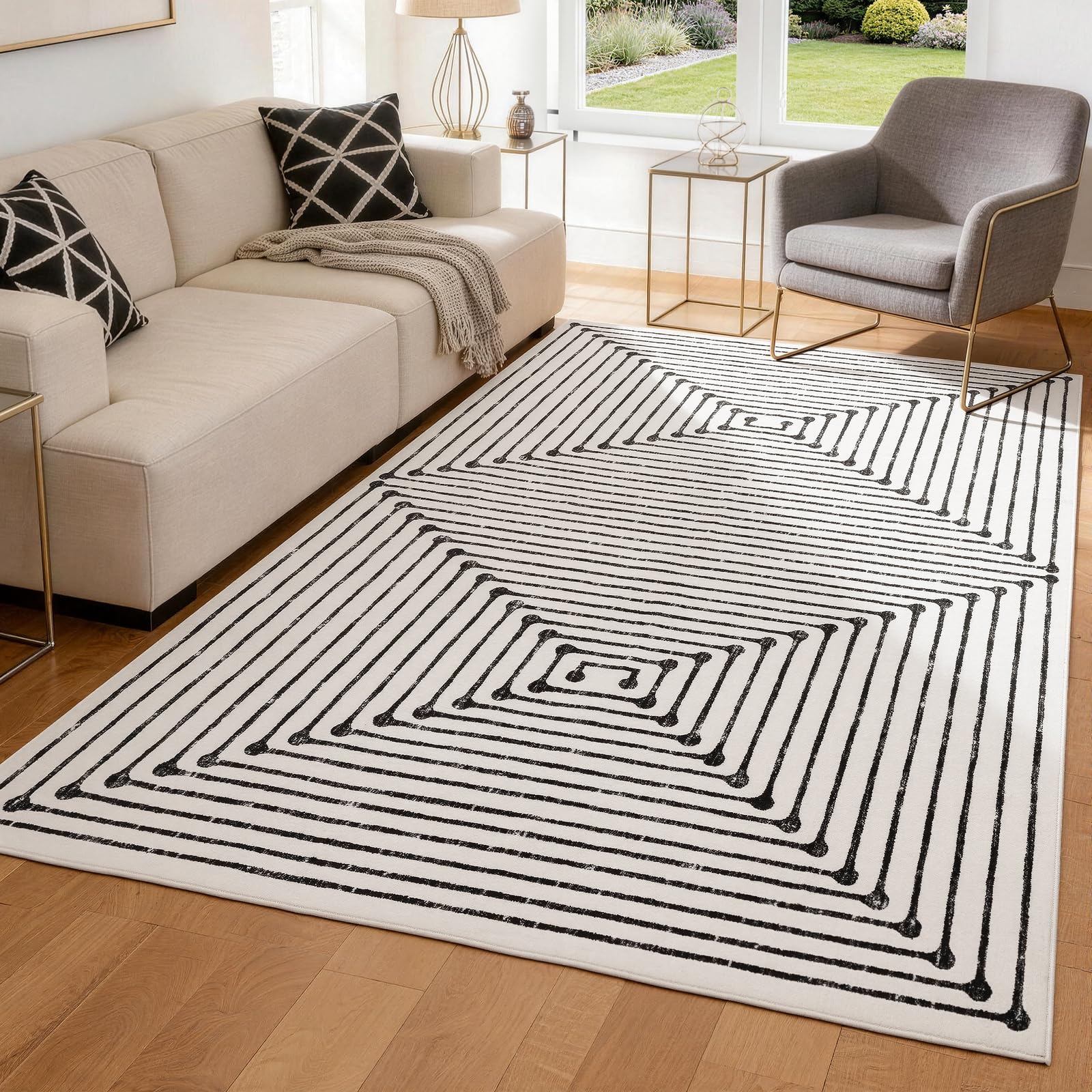 YIHOUSE 5x7 rug with black-and-ivory stripes for living rooms