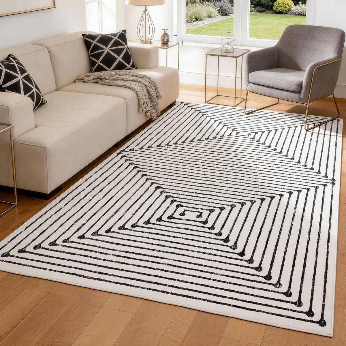 YIHOUSE 5x7 rug with black-and-ivory stripes for living rooms