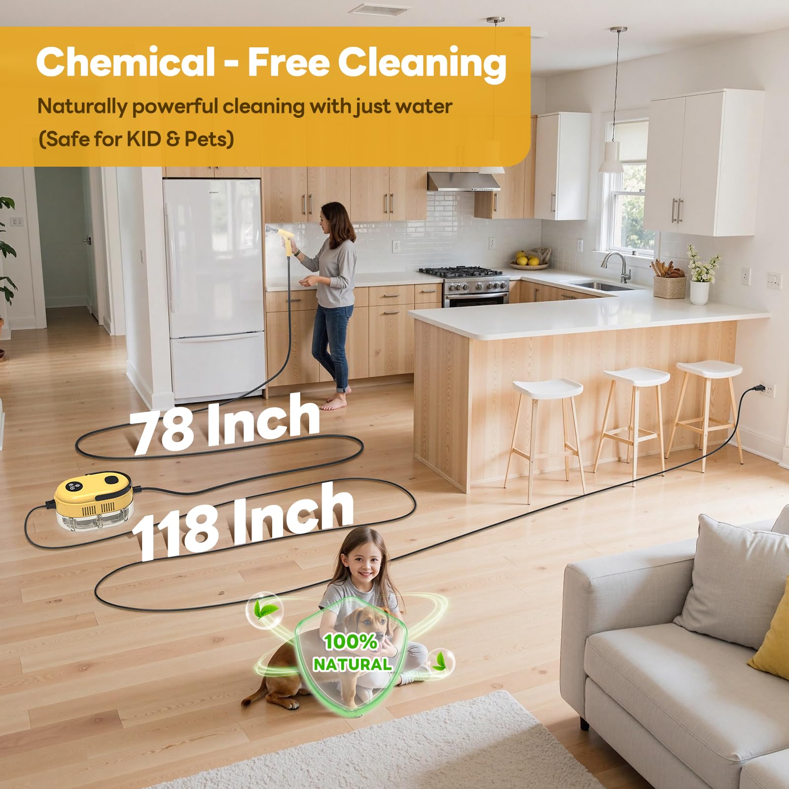 YIKEDA handheld steam cleaner 78 inch steam hose for large areas