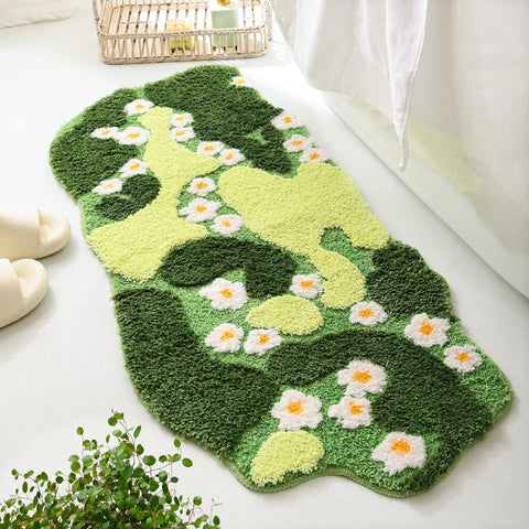 YIKUSH green moss bath rug with floral pattern adds freshness.