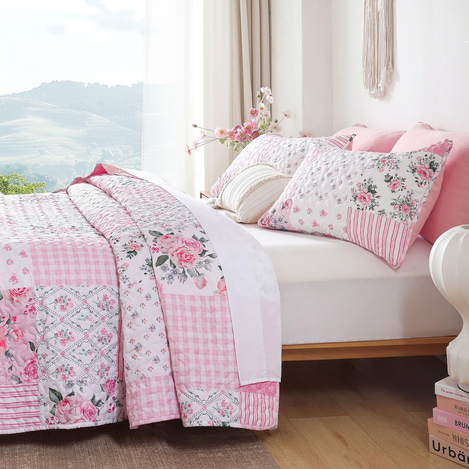 Pillowcases close-up from YIKUSH set, smooth texture and coordinated pink florals.