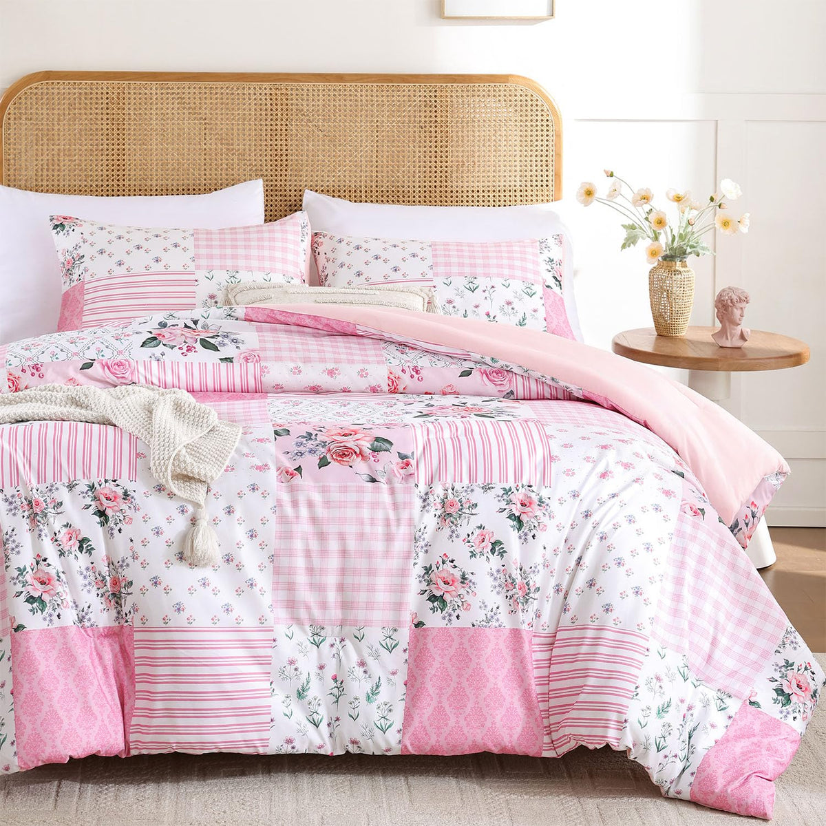 YIKUSH full comforter set in pink spring floral for year-round comfort.