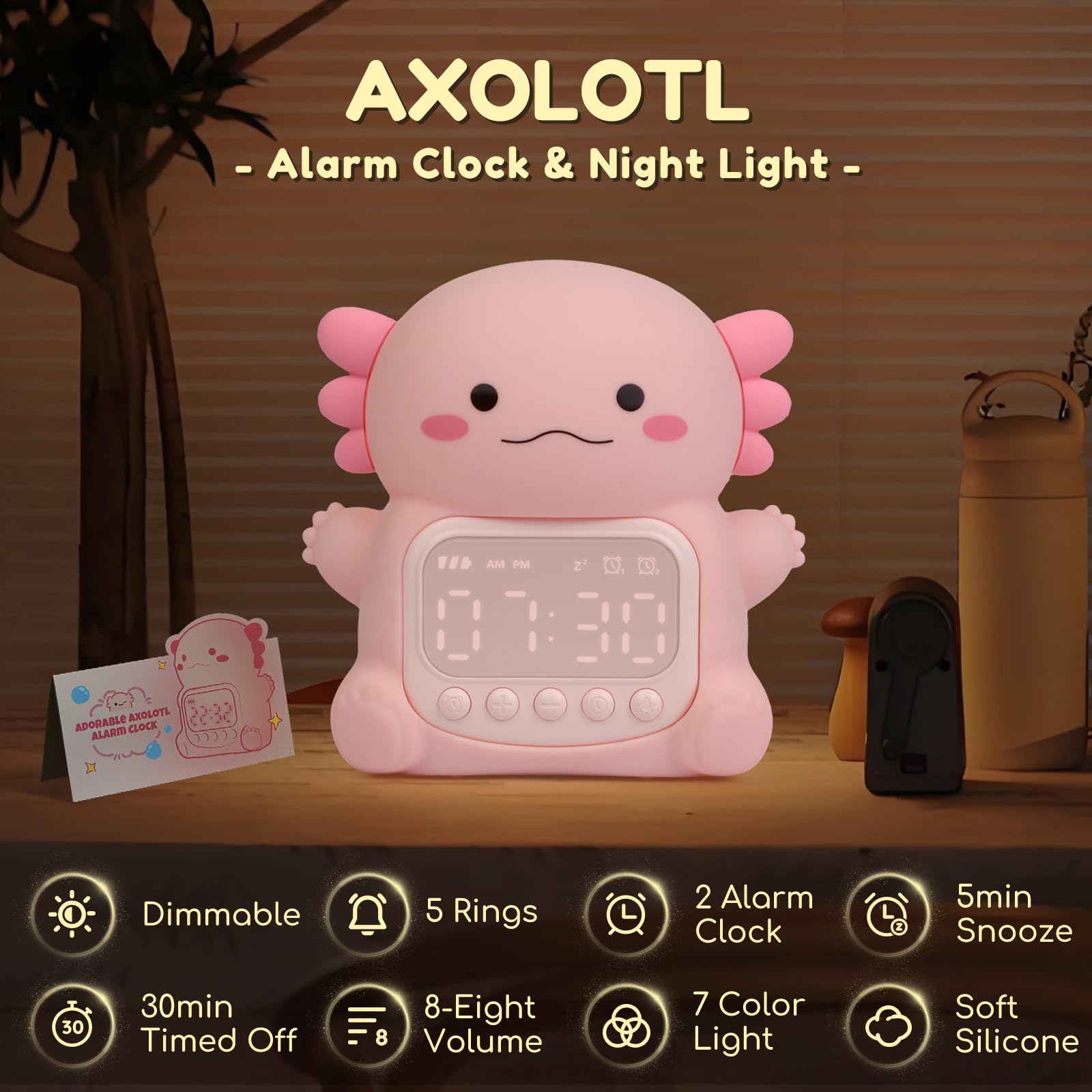 Yiliaw Axolotl clock night light warm color toggle enhances cozy evenings
