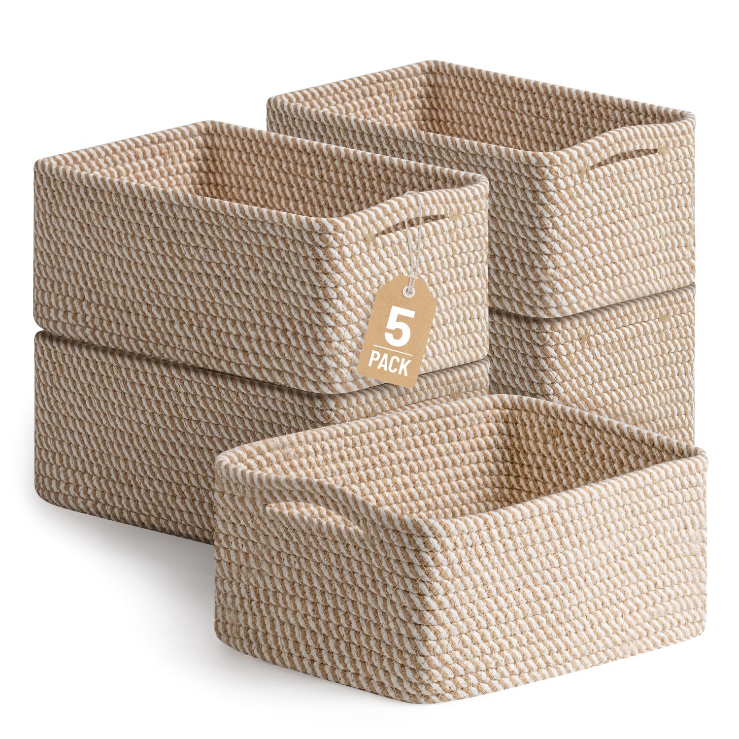 Yilobi 5-pack cotton rope storage baskets on a shelf for tidy spaces.