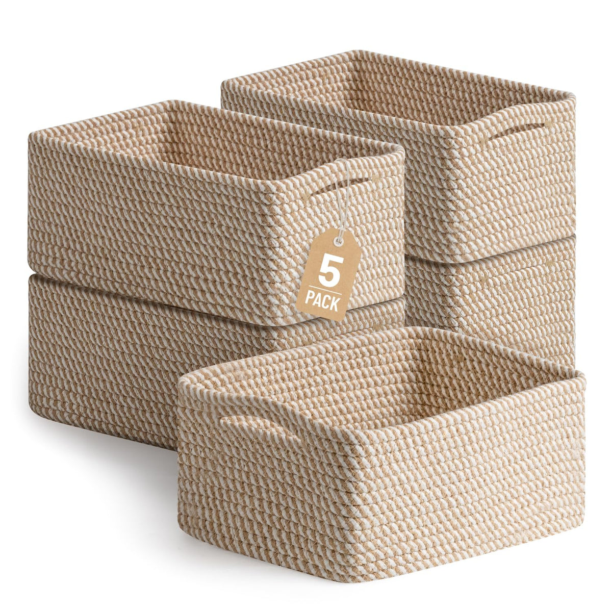 Yilobi 5-pack cotton rope storage baskets on a shelf for tidy spaces.