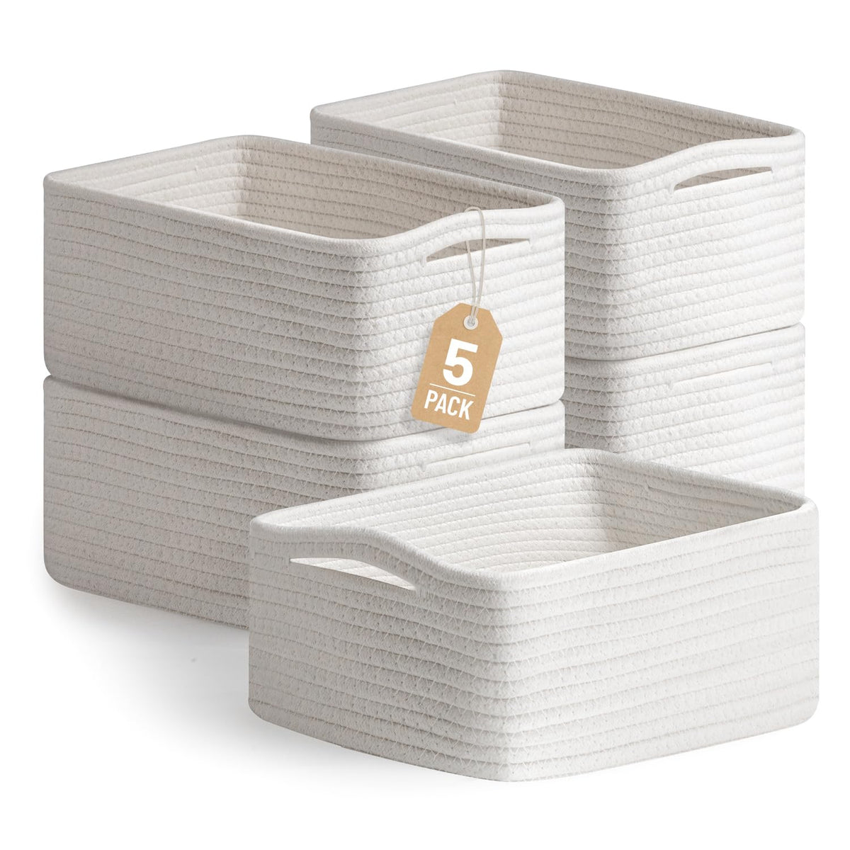 Yilobi small white woven basket on shelf for neat storage.